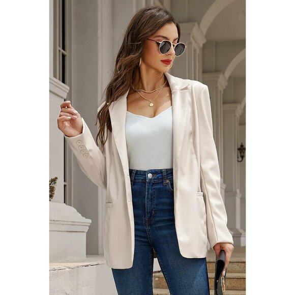 RISISSIDA Women’s White Faux Leather Blazer Shacket Vegan Leather Button Coat - Picture 5 of 6
